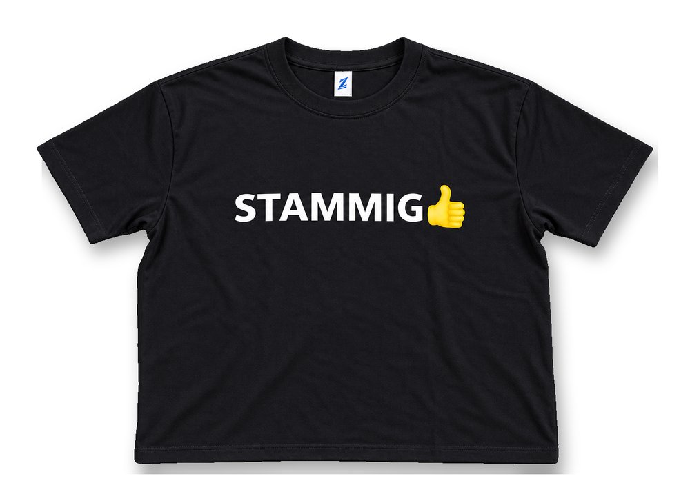 Das Stammig-T-Shirt: schwarz mit weißem Schriftzug STAMMIG und Daumen hoch